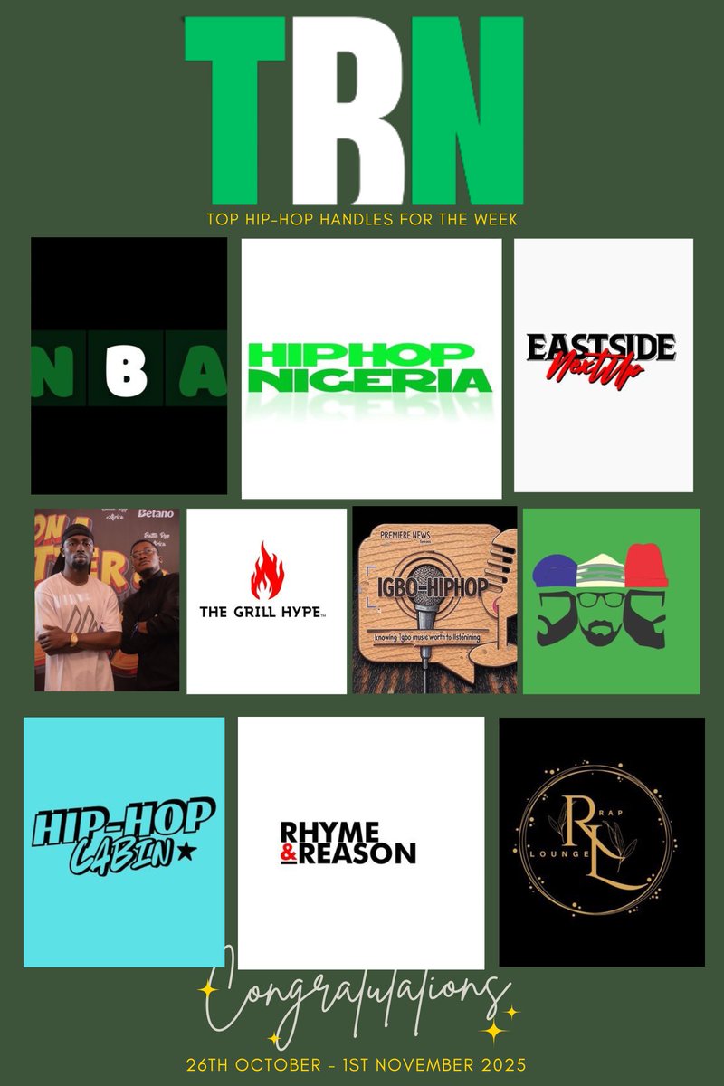 TOP HIP-HOP HANDLES FOR THE WEEK 26 OCT - 1 NOV

1. <a href="/NigerianBarz/">Nigerian Barz Association</a>
2. <a href="/Nigerian_Hiphop/">HipHop Nigeria</a>
3. <a href="/eastsidenextup/">SOUTHEAST 🇳🇬 SHADEROOM</a>
4. <a href="/BattleRapAfrica/">Battle Rap Africa | DayGenius</a>
5. <a href="/Thegrillhype/">THE GRILL HYPE</a>
6. <a href="/igbohiphopNG/">𝗜𝗚𝗕𝗢 𝗛𝗜𝗣𝗛𝗢𝗣</a>
7. <a href="/Wazobia_Hiphop/">Wazobia Hip-Hop</a>
8. <a href="/hiphopcabin/">HIP-HOP CABIN</a>
9. <a href="/randrng/">Rhyme & Reason</a>
10. <a href="/RapLounge_/">Rap Lounge</a>

Criteria: Online digs &amp; contributions to Hip-hop culture