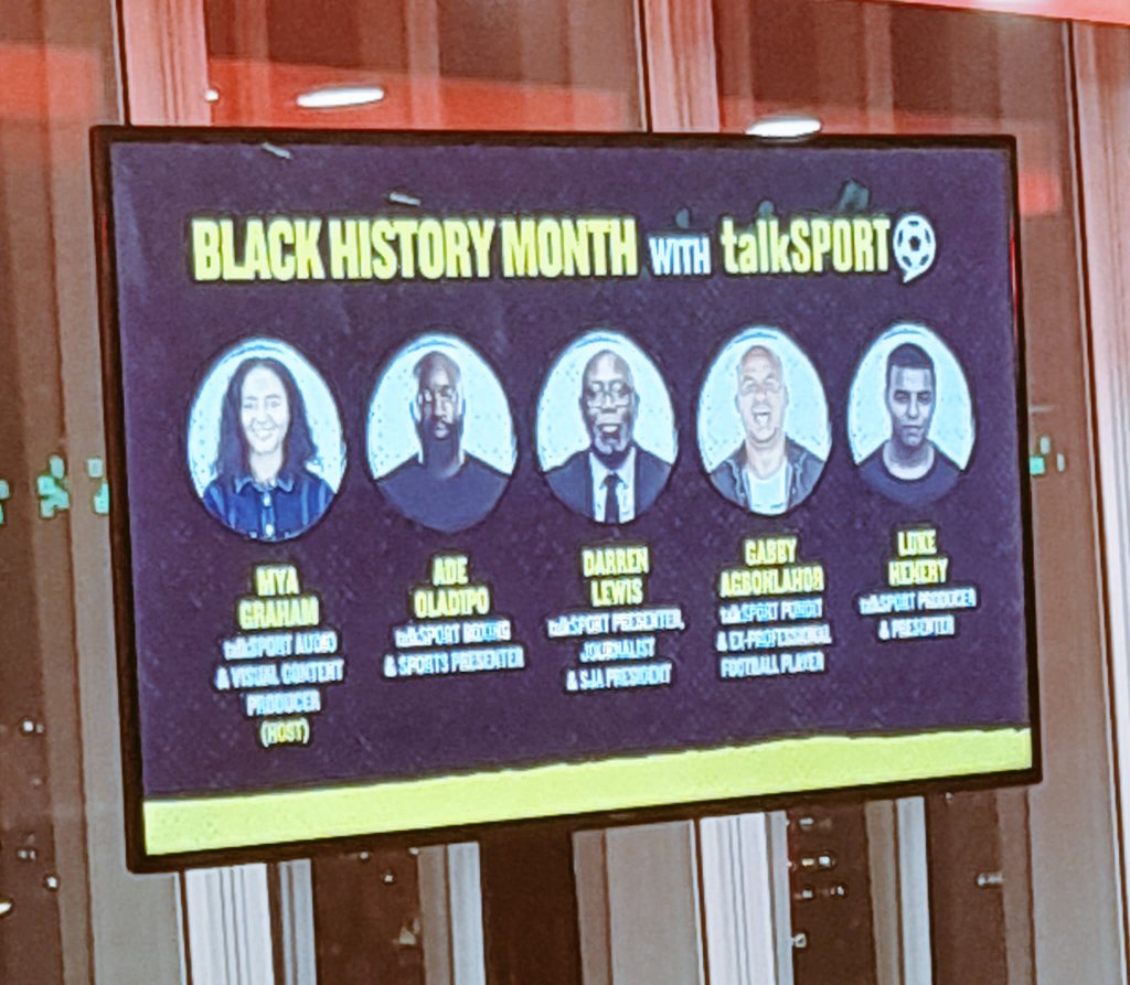 TheRadioExpert's tweet photo. Great night at @NewsUK for @talkSPORT’s #BlackHistoryMonth event.

Big thanks to @EdAdoo for the invite &amp; wonderful to meet Denny Morris, Director of Audio.

Inspiring panel hosted by the lovely @MyaGraham_ with @MirrorDarren, @LukeHenry90, @Ade_Oladipo_ &amp; Gabby Agbonlahor. https://t.co/cAb56sEkU6