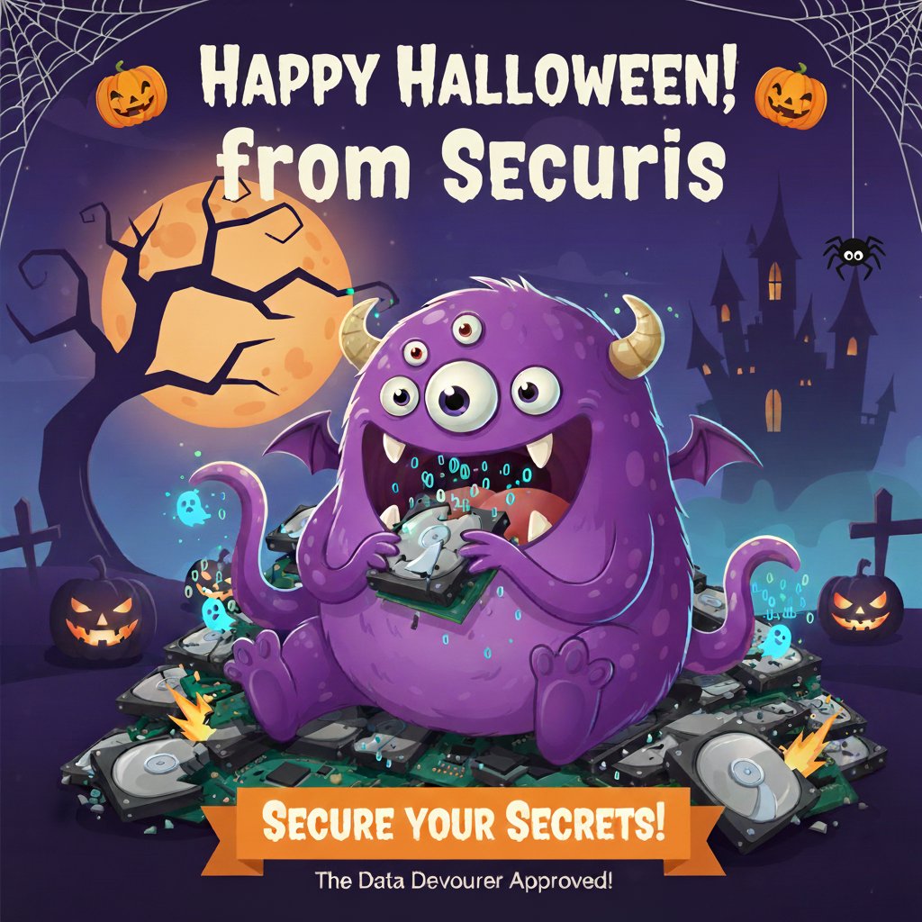 SecurisITAD's tweet image. Don’t let your data come back to haunt you! 💀
At Securis, every bit is destroyed — through shredding, SSD disintegration, degaussing, or secure wiping.
The Data Devourer approves. 👾🎃
#HappyHalloween #DataDestruction #SecureITAD #CyberSecurity