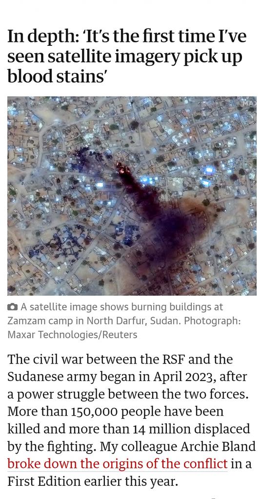 The blood shed from innocent Sudanese civilians  is visible from space in the sand. How can you go normally about your day after this news ?!! 
theguardian.com/world/2025/oct…
 #KeepEyesOnSudan  #PrayforSudan