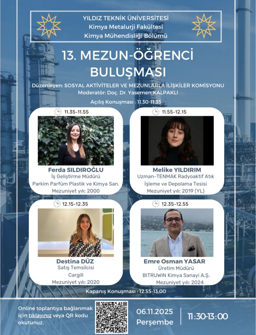 Bölümümüz ‘Sosyal Aktiviteler ve Mezunlar ile İlişkiler Komisyonu’ tarafından 06.11.2025 Perşembe günü saat 11.30-13.00 arasında çevrimiçi düzenlenecek “13. Mezun-Öğrenci Buluşması” etkinliğine davetlisiniz 🎉
Toplantı linki: online.yildiz.edu.tr/joinmeeting?me…