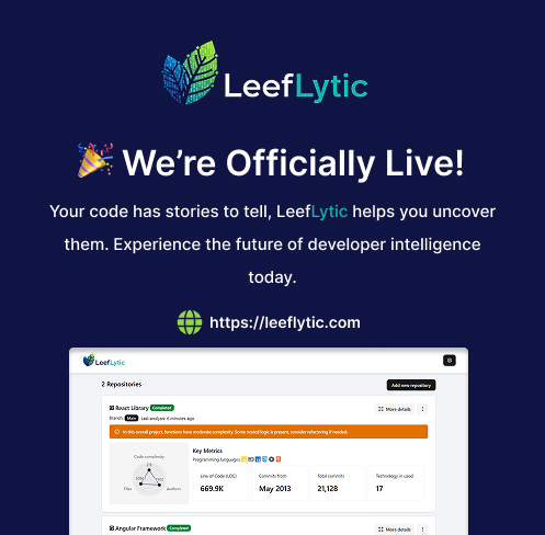 leeflytic's tweet image. 🚀 The wait is over! LeefLytic is officially live! 🎉

We’re excited to announce that LeefLytic is now live!

Visit our official website:- leeflytic.com

#leeflytic #developerIntelligence #saas #startup