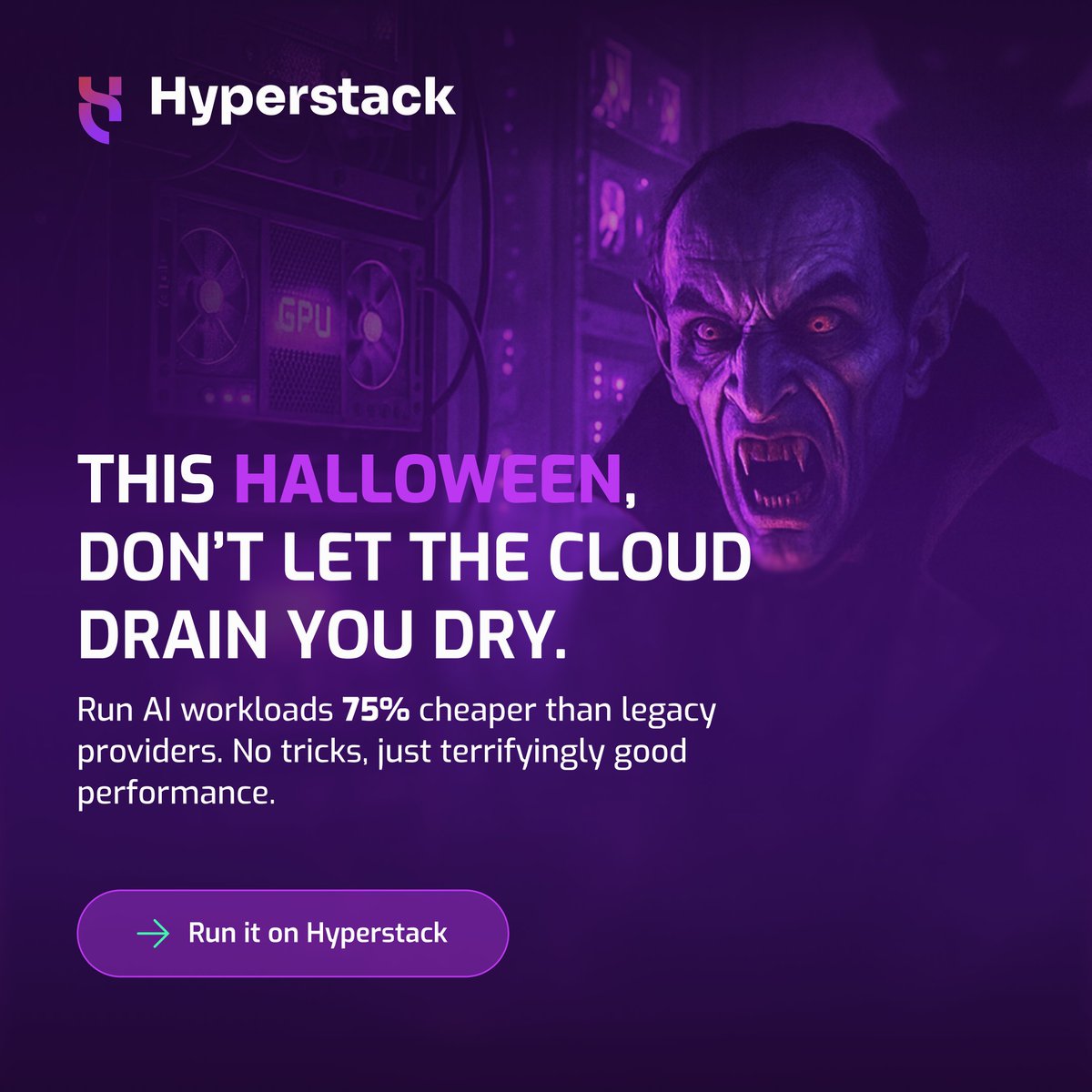 Hyperstackcloud's tweet image. 🩸🧛‍♂️ Don’t let hyperscalers drain your wallet.

This Halloween, protect your workloads from those hidden fees, inflated GPU costs, and endless lock-ins lurking in the dark.

At Hyperstack, your GPUs don’t vanish into thin air - they deliver real performance, real savings, and…
