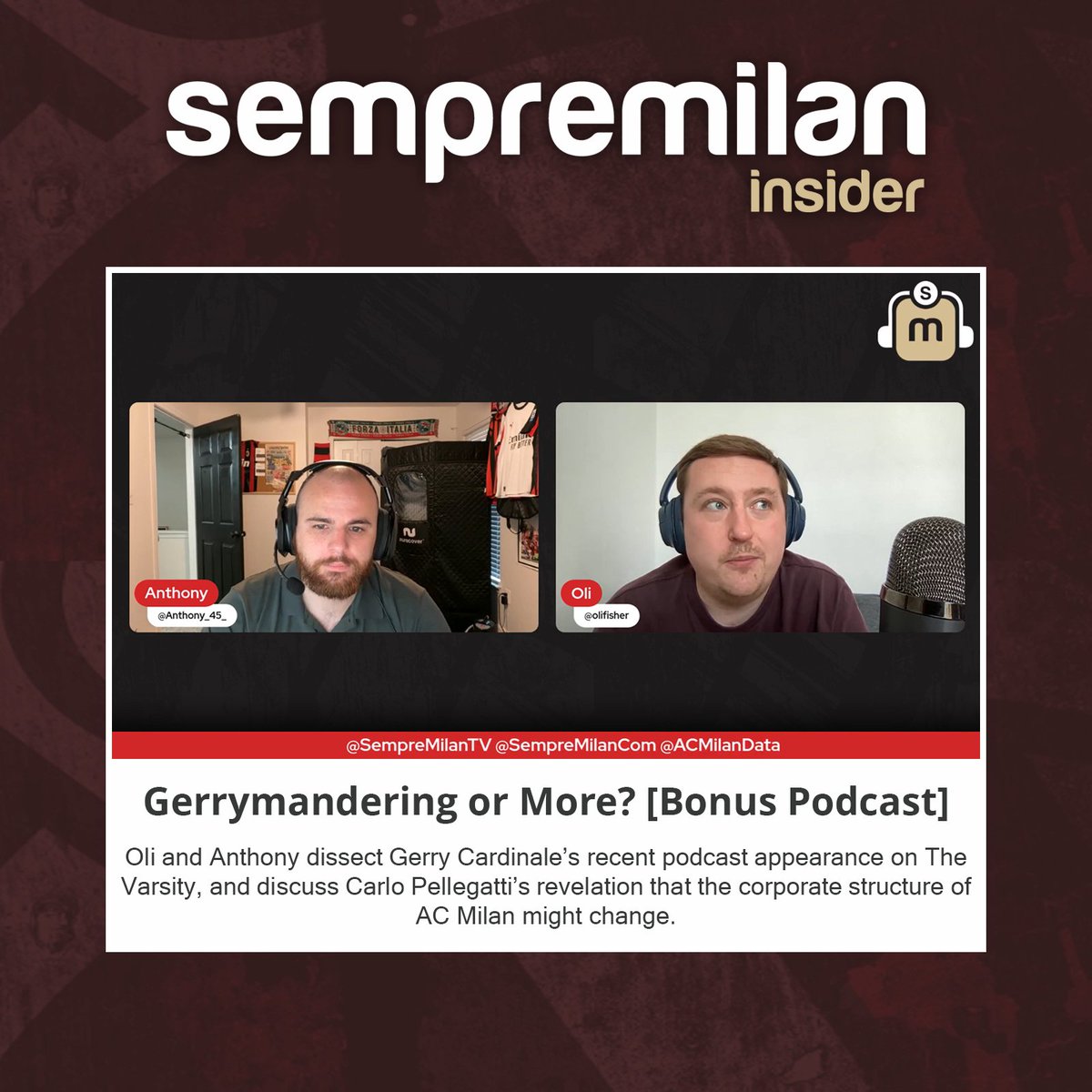 🚨 BONUS PODCAST: Gerrymandering or More?

🇺🇸 <a href="/olifisher/">Oli</a> and Anthony dissect Cardinale’s recent podcast appearance, and discuss Pellegatti’s revelation that the corporate structure of #ACMilan might change

👉 Listen/watch here: sempremilan.substack.com/p/gerrymanderi…