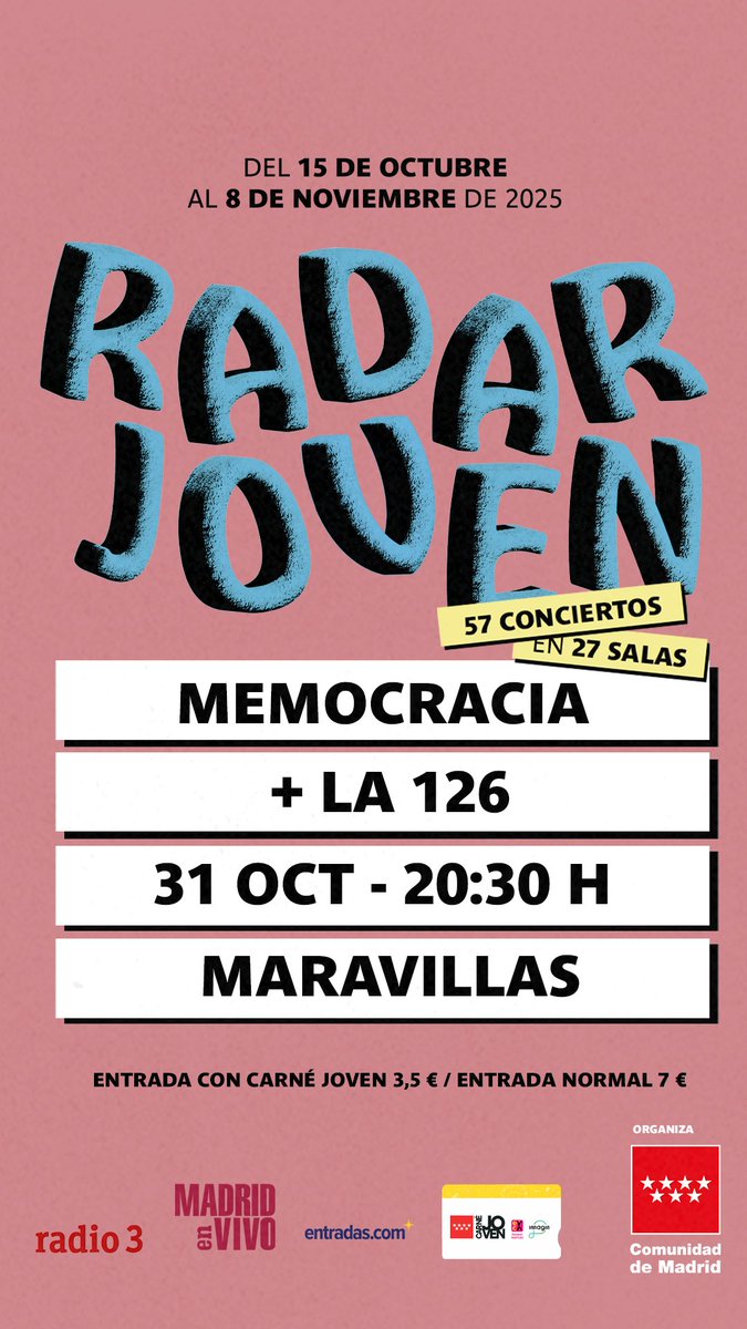 #RadarJoven2025 ya está aquí!

■ <a href="/Memocracia_/">Memocracia</a> + <a href="/la126grupo/">La 126</a>  

■ Viernes 31 de octubre

Apertura de puertas 20:30h, conciertos 21h

Entradas desde 3,50€ 

maravillasclub.com/radar-joven-me…