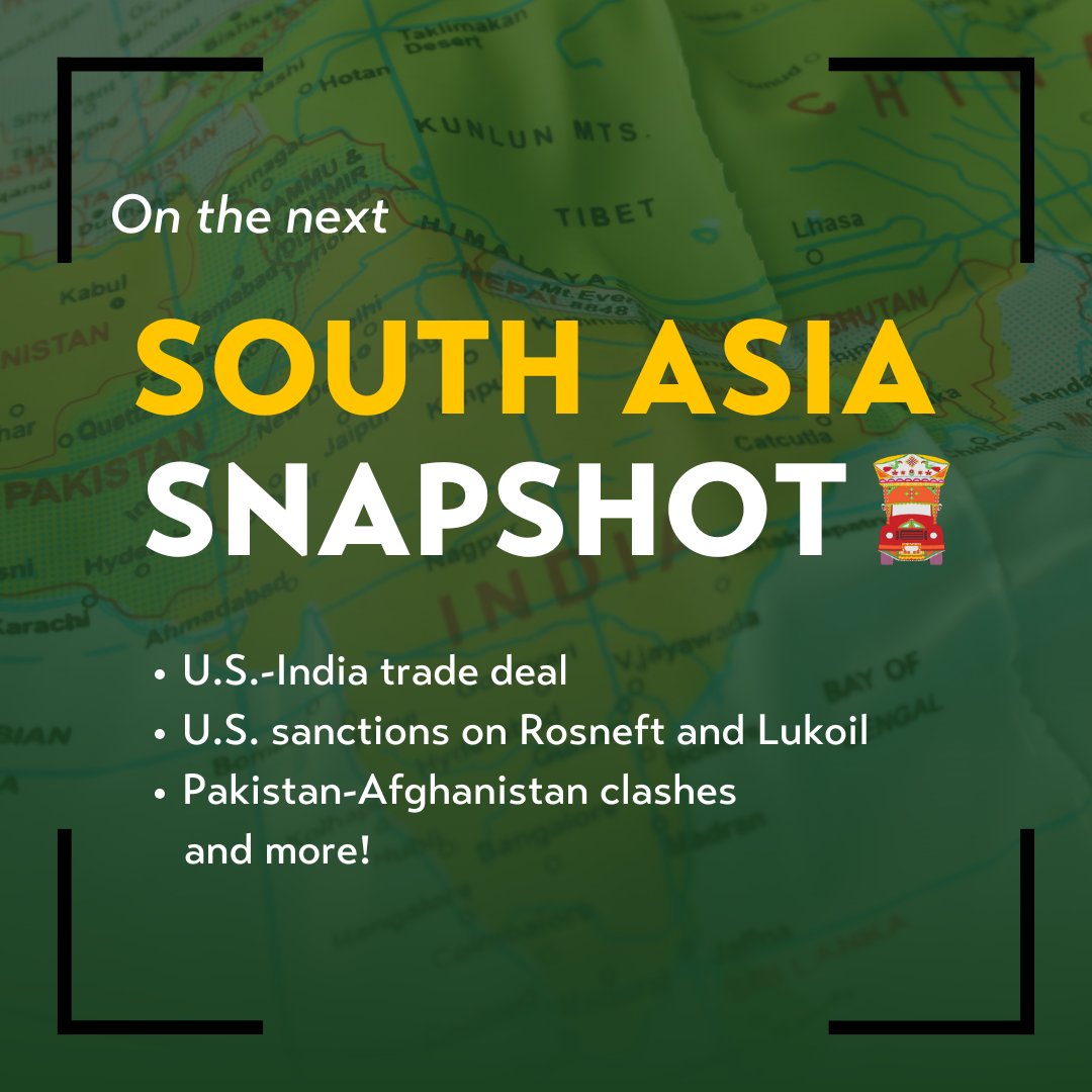 Coming next Monday: The latest edition of #ASPISouthAsiaSnapshot 📨 

From U.S.-India #tradetalks to Pakistan-Afghanistan clashes, unpack last month’s key developments and why they matter with ASPI's Director of #SouthAsia Initiatives, <a href="/faamer/">Farwa Aamer</a>.

📩Sign up today to receive the