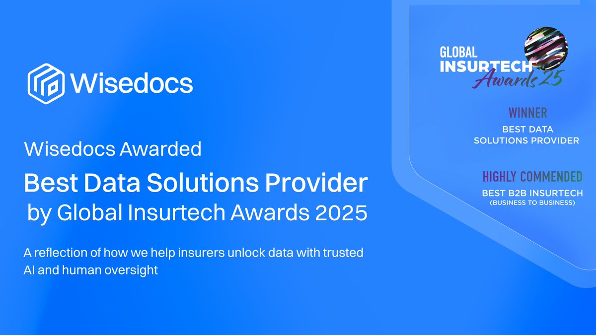 Wisedocsai's tweet image. Proud to be named Best Data Solutions Provider at the 2025 #GlobalInsurtechAwards and Highly Commended for Best #B2BInsurtech 🏆

Grateful for our #Wisedocs team and partners who make this possible

📖 Full results 👉 hubs.ly/Q03R43Kp0