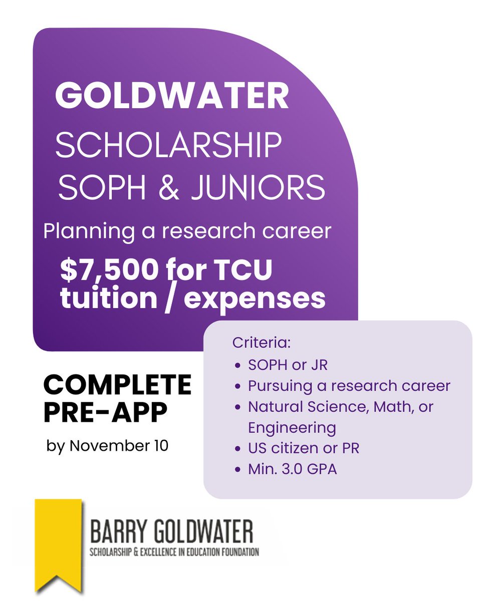 TCU_CSE's tweet image. As a student in the natural sciences, engineering, and/or mathematics, you may be interested in applying for the Barry Goldwater Scholarship! If you are interested in learning more, check out the Barry Goldwater website or reach out to Dr. Tracy Rundstrom.