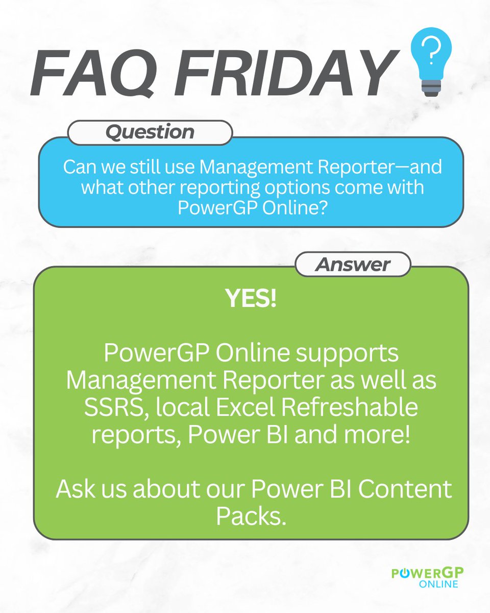 Njevity's tweet image. Still using Management Reporter? Good news—you don’t have to give it up with PowerGP Online.

What tools are in your reporting stack today?

#FAQFriday #PowerGPOnline