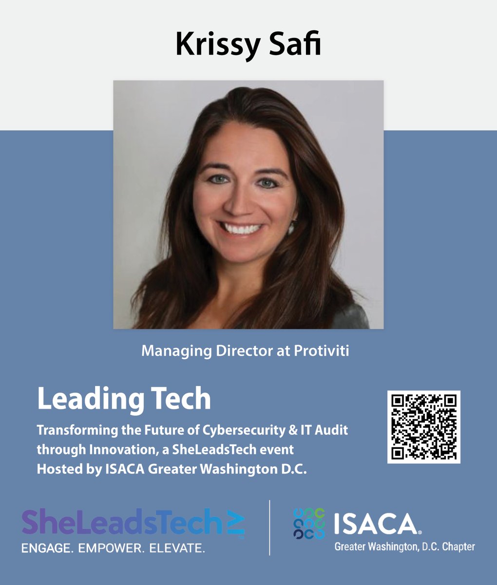 ISACA_GWDC's tweet image. 🎤 Speaker Spotlight: Krissy Safi
Join us Nov 13 at GMU Arlington for #SheLeadsTech by #ISACAGWDC

Krissy, Managing Director at Protiviti, shares how offensive security and AI can help organizations stay ahead of threats.

🔗 isaca-gwdc.org/event/leading-…