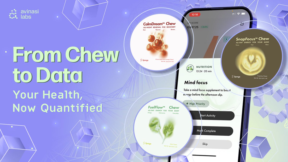 avinasilabs's tweet image. 🧬From Chew to Data, Your Health, Now Quantified.

Avinasi’s supplements are designed for next-generation bio-availability, each chewable formulation is precision-engineered to be absorbed faster and work smarter with your body’s natural rhythm.

💊 FuelFlow™ Chew: All-day…