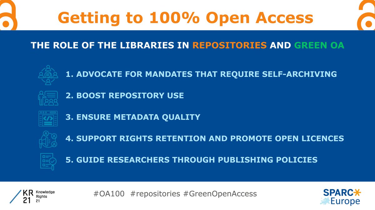SPARC_EU's tweet image. To achieve 100% #OpenAccess, you need to engage with issues on repositories and #GreenOpenAccess route. This is where libraries can support #OA100. 👇
