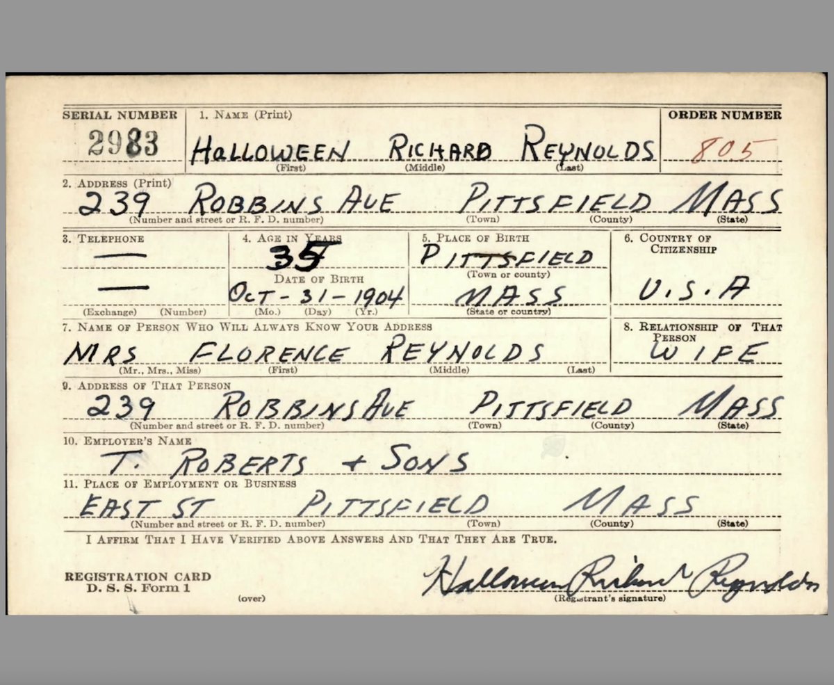 fold3's tweet image. It&apos;s official: this man was born to love the spooky season! 🎃 Check out the WWII Draft Registration card for Halloween, born on October 31st. Bet he never forgot his birthday. f3.social/6yb8