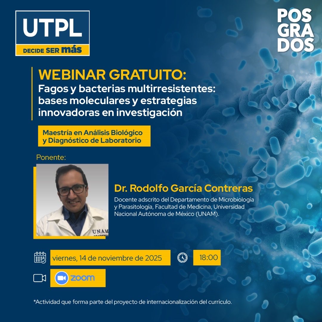 🔬 Webinar Gratuito| Fagos y bacterias multirresistentes: bases moleculares y estrategias innovadoras en investigación
¿Sabías que los fagos son aliados prometedores frente a las bacterias resistentes a los antibióticos? 🦠
