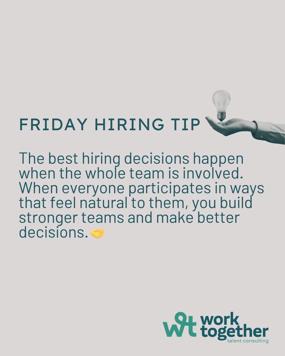 WorkTogetherTC's tweet image. Hiring works best as a team sport.💡 When you involve your whole team in meaningful ways, you make smarter decisions, move faster, and build stronger buy-in. Happy Friday!
#FridayHiringTip #Hiring #TeamWork