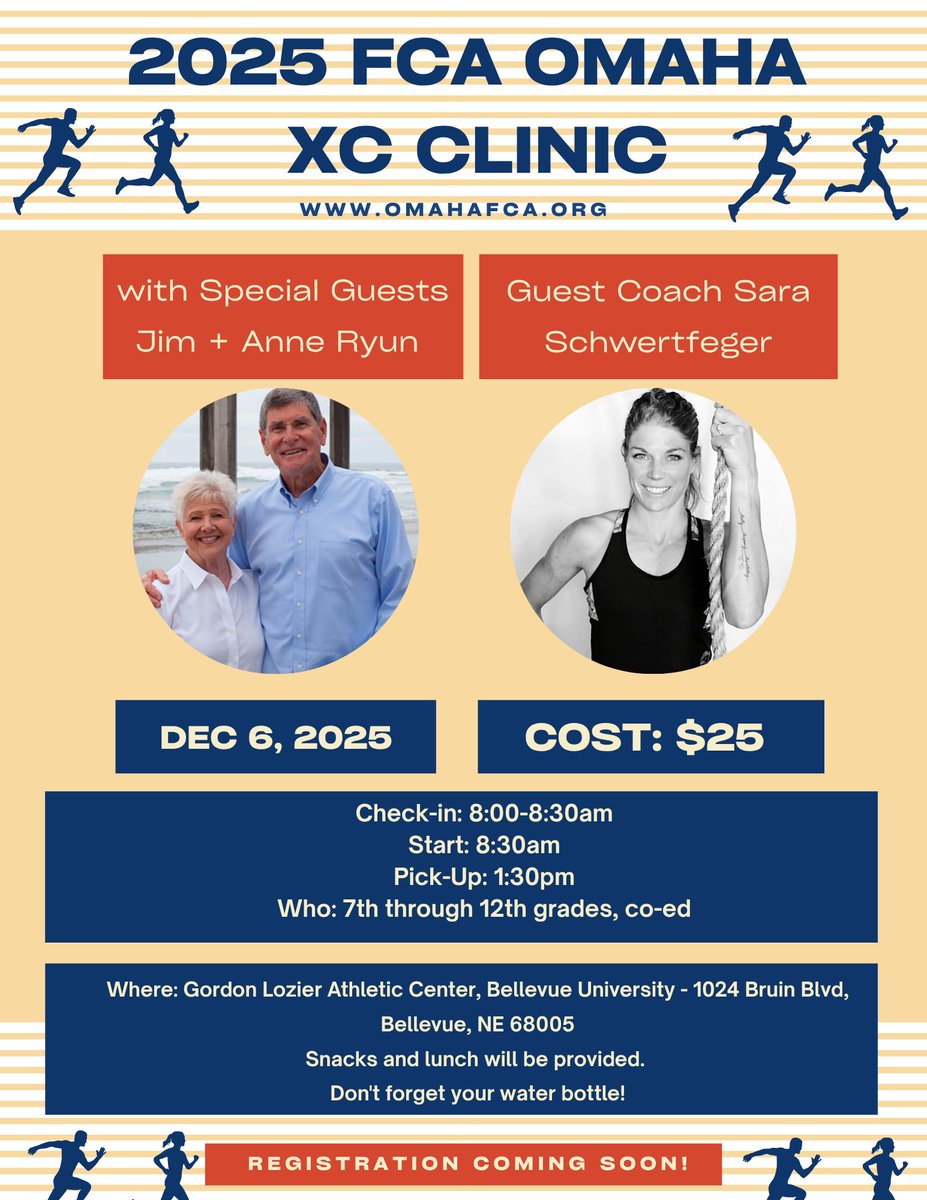 XC athletes and coaches, save-the-date for Dec 6th and our XC Clinic with THE Jim + Anne Ryun &amp; Coach Sara Schwertfeger!! More info at omaha-swiafca.org/fca-xc-clinic. Registration coming soon!!