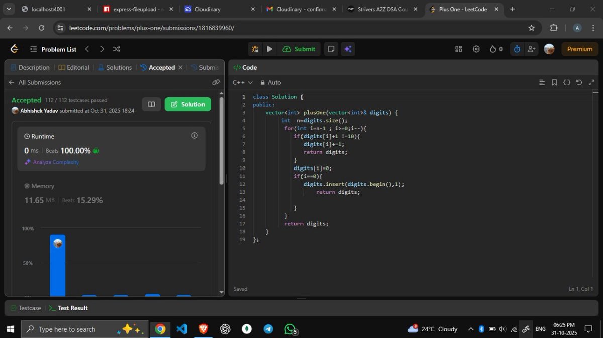 x1developer09's tweet image. Day 14 & 15 
Dsa : solved 2 questions 
1 . Plus one ✅
2. Remove duplicate elements ✅
Dev : working on the backend of my project 
#dsa #leetcode #learninpublic