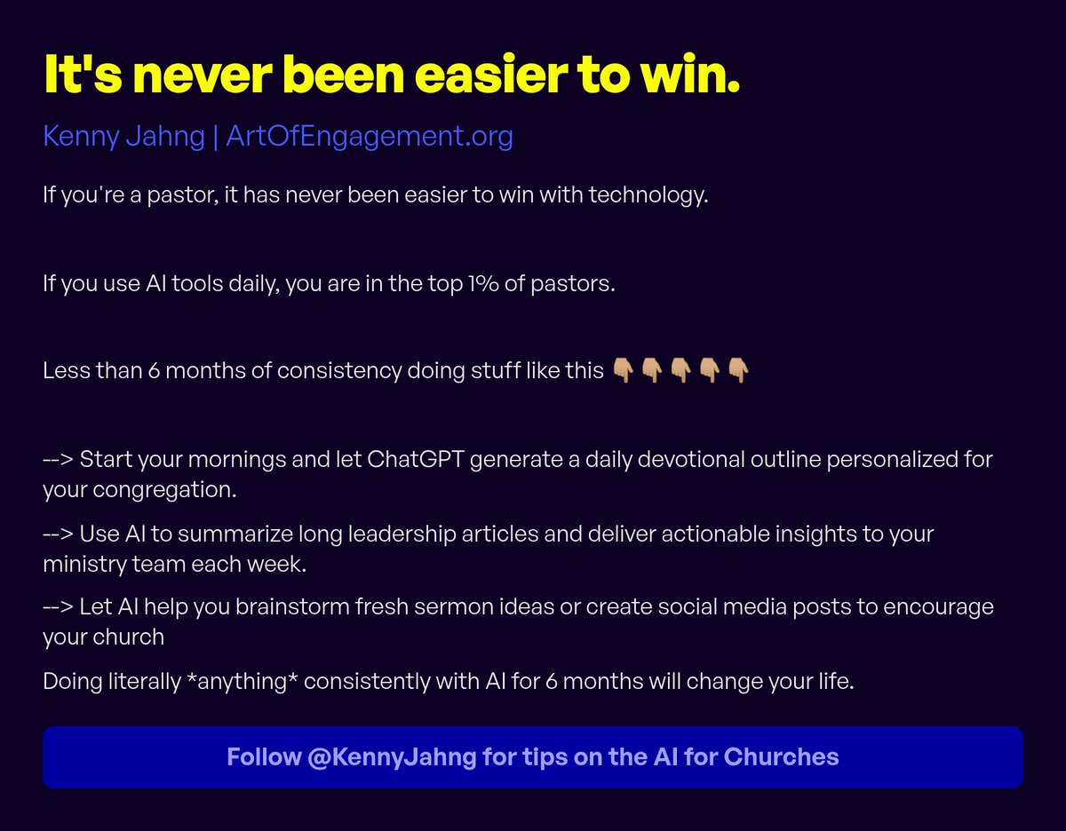 kennyjahng's tweet image. It’s never been easier for pastors to lead. 

Use AI daily = top 1% of ministry innovators.

Just 6 months of consistency:

AI devotionals for your church

Instant article summaries

Fresh sermon/social ideas

Consistency changes everything.

#AIPastor #ChurchTech #Leadership