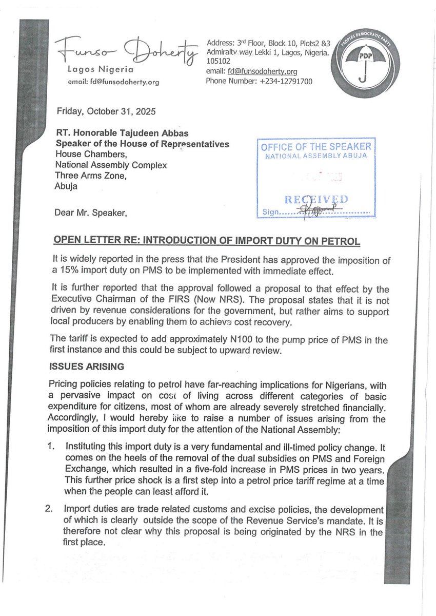 Attached is my letter delivered today to the leadership of the National Assembly raising concerns about the recently reported imposition of a 15% import duty on petrol. You can find the document here: funsodoherty.org/s/Import-Duty-…