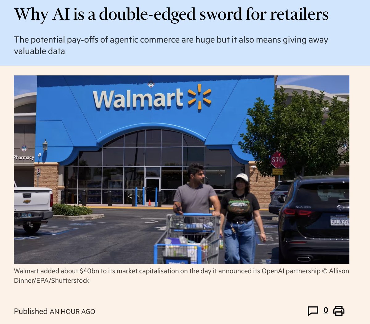 소매업체들에게 AI가 양날의 검인 이유를 다룬 기사 스크린샷, Walmart의 OpenAI 파트너십이 소개됨