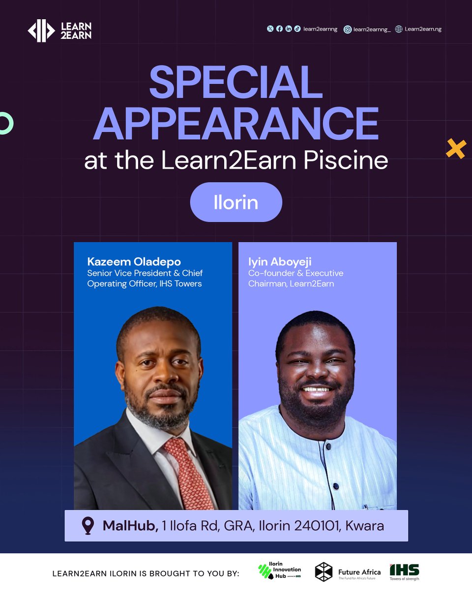 We’re turning up the energy at the Learn2Earn Piscine with two incredible leaders in the building!

Kazeem Oladepo — Senior Vice President &amp; Chief Operating Officer, IHS Towers

Iyin Aboyeji — Co-founder &amp; Executive Chairman, Learn2Earn

Get ready for powerful insights, real