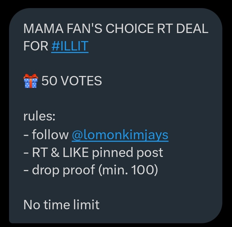 MAMA FAN'S CHOICE RT DEAL FOR #ILLIT 

🎁 50 VOTES 

rules:
- follow <a href="/lomonkimjays/">rin</a> 
- RT &amp; LIKE pinned poet
- drop proof (min. 100)

No time limit