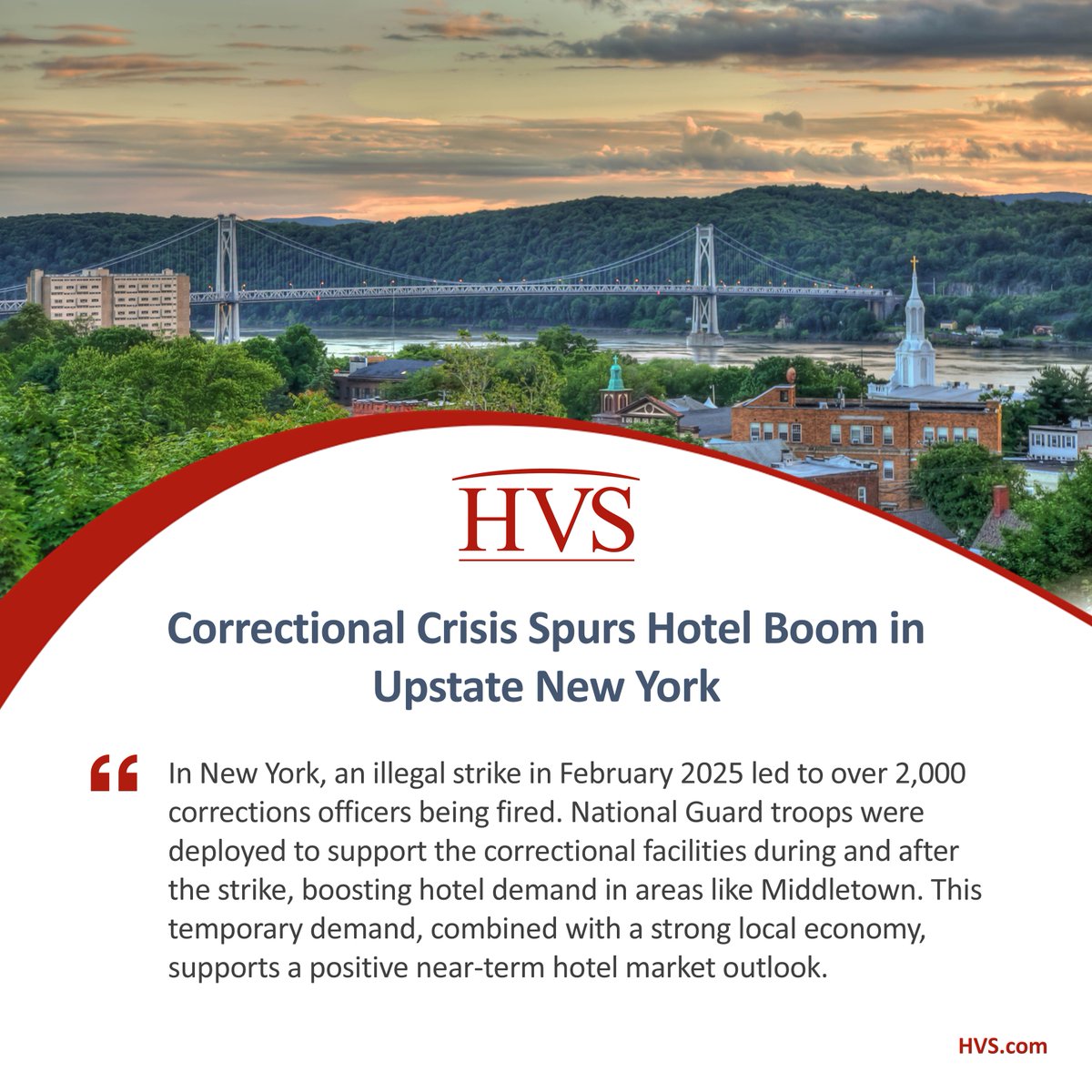 Following February’s corrections officer strike in Upstate New York, National Guard troops were deployed to fill the gap, and this sudden influx of personnel created a surge in hotel demand for the greater area.

Read the full analysis by Cole Masler here: hvs.com/article/10293/…