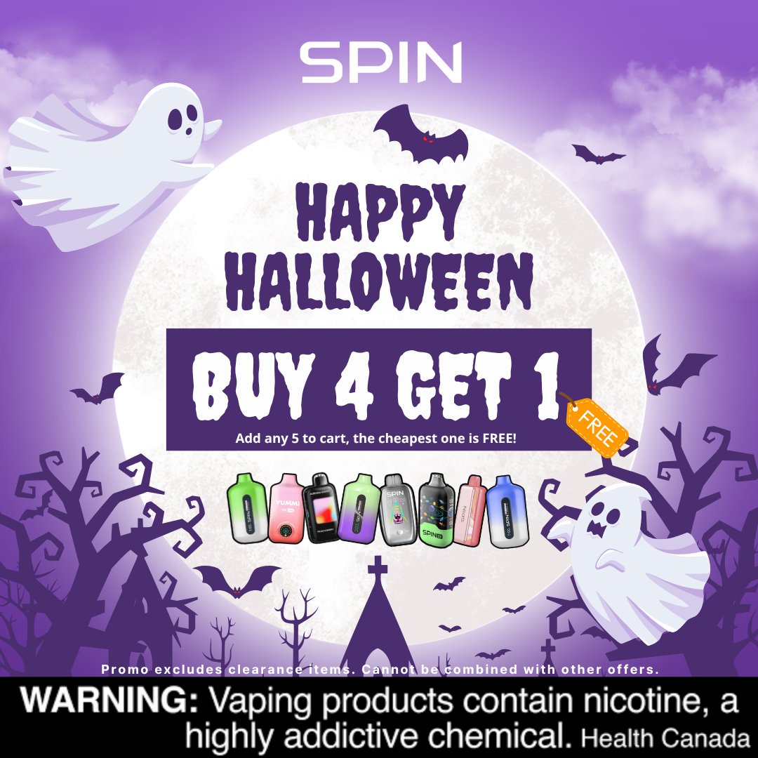 🎃 Halloween Treat!
BUY 4, GET 1 FREE — just add any 5 to cart, cheapest is FREE!
No code needed. Ends Nov 2 👻

👉 spinvape.ca

#HalloweenSale #SpinVape #VapeDeals #CanadaVapers