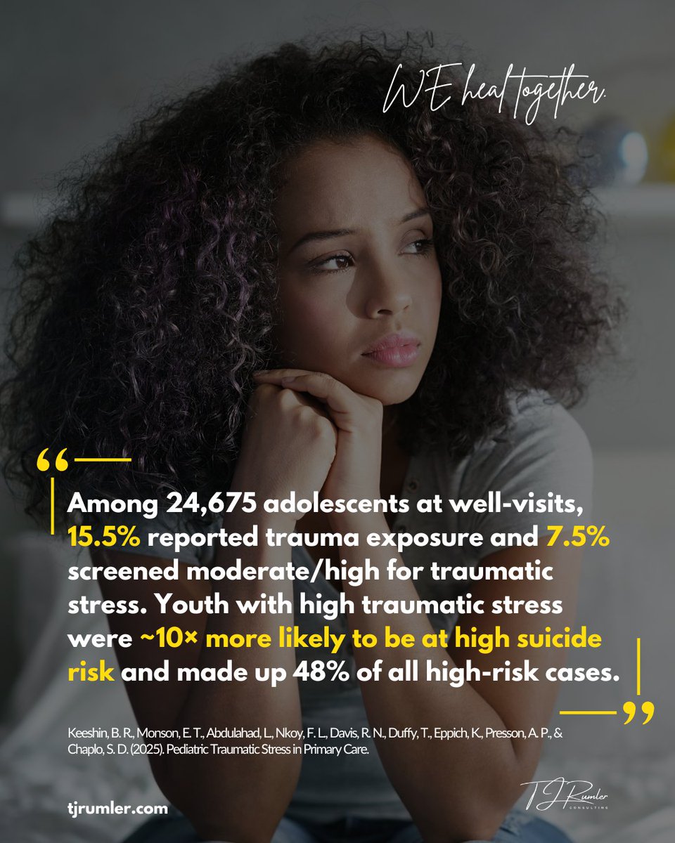 New research found that among 24,675 adolescents, 15.5% reported trauma exposure and 7.5% had moderate/high traumatic stress—those youth were 10× more likely to be at high suicide risk.

Trauma screening in primary care saves lives.