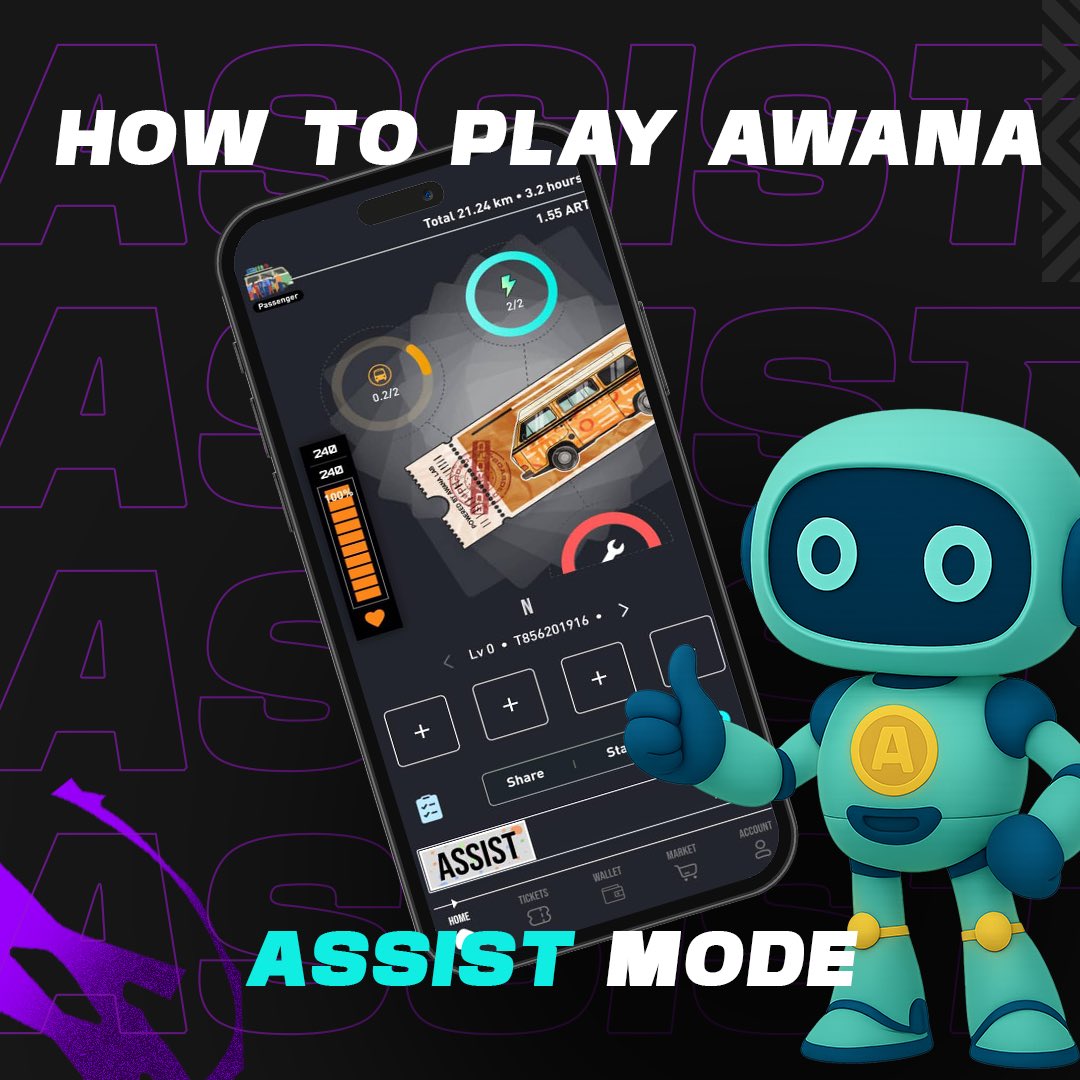 AWANALAB's tweet photo. 🤝 Assist Mode – Team Play

• Step 1: Tap START → Assist
• ⁠Step 2: Use energy from the Sharing Pool to complete your commute
• ⁠Step 3: Earn ART even if your own energy is low
• ⁠Step 4: Track:
. Daily Energy Cap in Assist Mode
. ART Earned using Assist energy
• ⁠Step 5: Press PAUSE to stop → Long press END for 5s to finish trip
• ⁠Step 6: Share trip stats with family & friends

👉 Best when you’re running low on personal energy but still want to keep earning.
