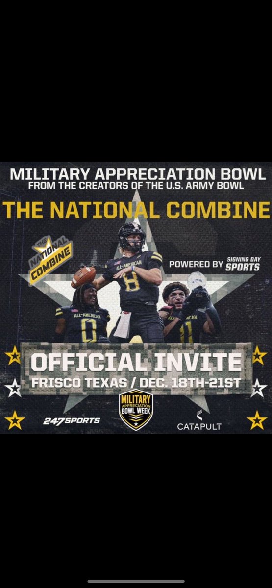 Thank you <a href="/NickGilliamSDS/">Nick Gilliam</a> for the invite to The National High School Combine. <a href="/SDSports/">Signing Day Sports</a> <a href="/USArmyBowl/">Military Appreciation Bowl Week</a> 

<a href="/GregSmithRivals/">Greg Smith</a> <a href="/Kivy9292/">Kerry Ivy</a> <a href="/247Sports/">247Sports</a> <a href="/TMRamFootball/">Trotwood Madison Football</a> <a href="/AllenTrieu/">Allen Trieu</a> <a href="/JaredLuginbill/">Jared Luginbill</a> <a href="/Coach_MikeRob/">Mogul Mike</a>