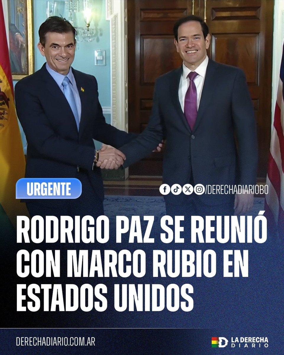 🚨🇧🇴🇺🇸 | #AHORA El presidente electo Rodrigo Paz sostuvo una reunión con el secretario de Estado Marco Rubio en Washington, en el marco de su visita oficial a Estados Unidos para fortalecer vínculos y garantizar la llegada de dólares y combustible al país.