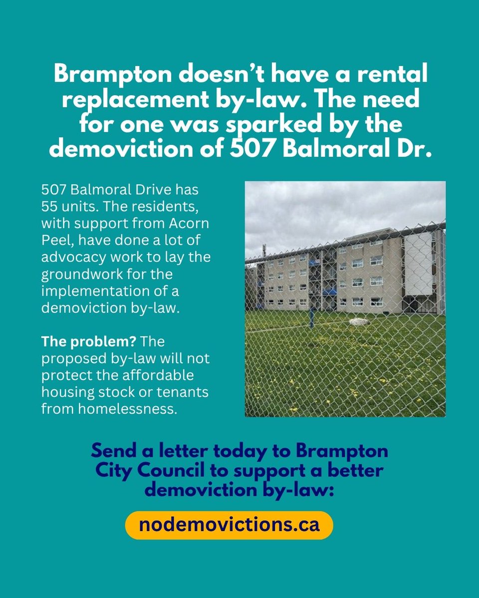 Help Brampton tenants before Monday! Send a quick email to support a more meaningful demoviction by-law in #Brampton: loom.ly/JUO5oaQ 

On Monday, Nov 3rd, Brampton could be the next city to pass a demoviction by-law. But what they’re proposing doesn’t go far enough.