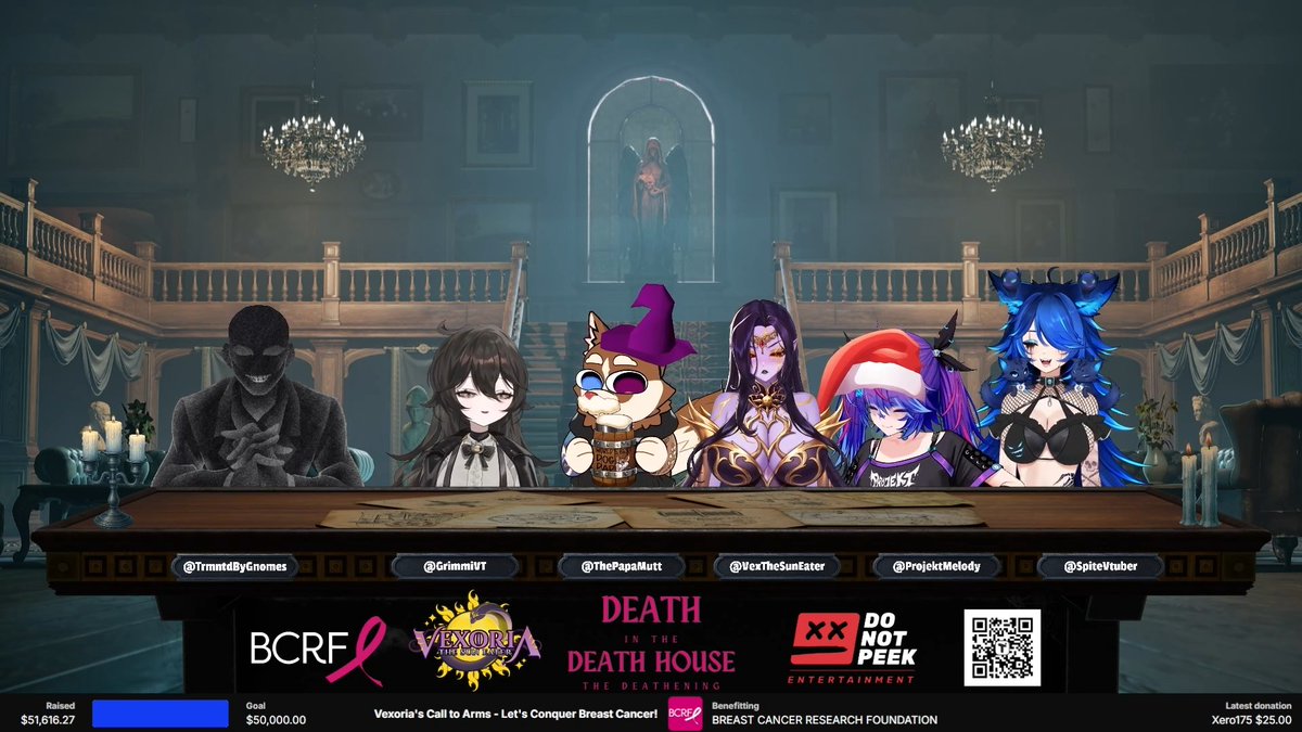 dnpeek's tweet photo. We're still at a loss for words to describe how proud we are of this community.

The adventure with @VexTheSunEater, @GrimmiVT, @ThePapaMutt, @SpiteVtuber, and @ProjektMelody was absolutely incredible, and you raised over $100,000 for the @BCRFcure.

Once again, thank you. 💝🎃 https://t.co/FqcUS3Y80j