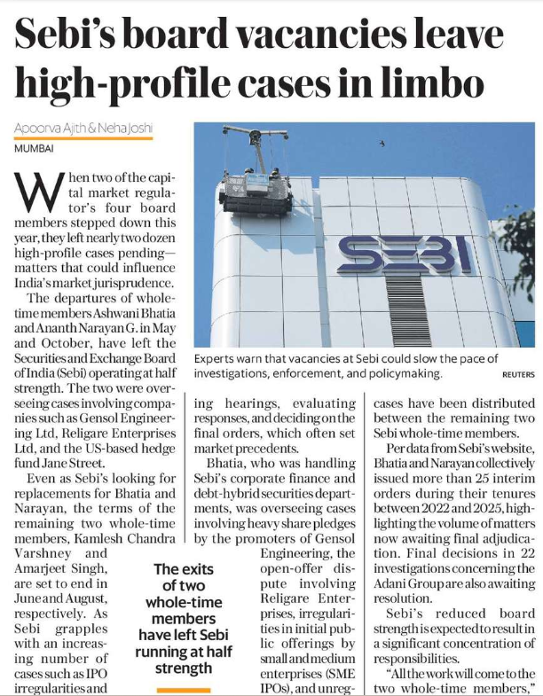 Neha_Jozie's tweet image. Sebi is now operating at half-strength after two board members stepped down. This has stalled nearly two dozen high-profile cases, including those involving Gensol, Religare, and Jane Street, creating a major regulatory bottleneck.
Read: shorturl.at/L1mAG