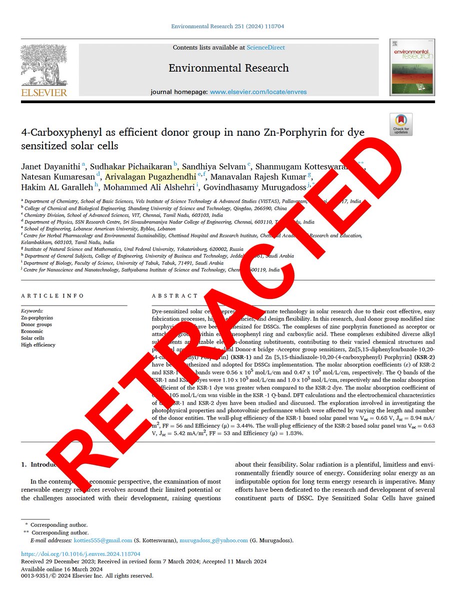 Spottingthespot's tweet image. The idiotic #papermill #fraud Arivalagan Pugazhendhi got 2 more retractions! This idiot has published nothing but fake papers.