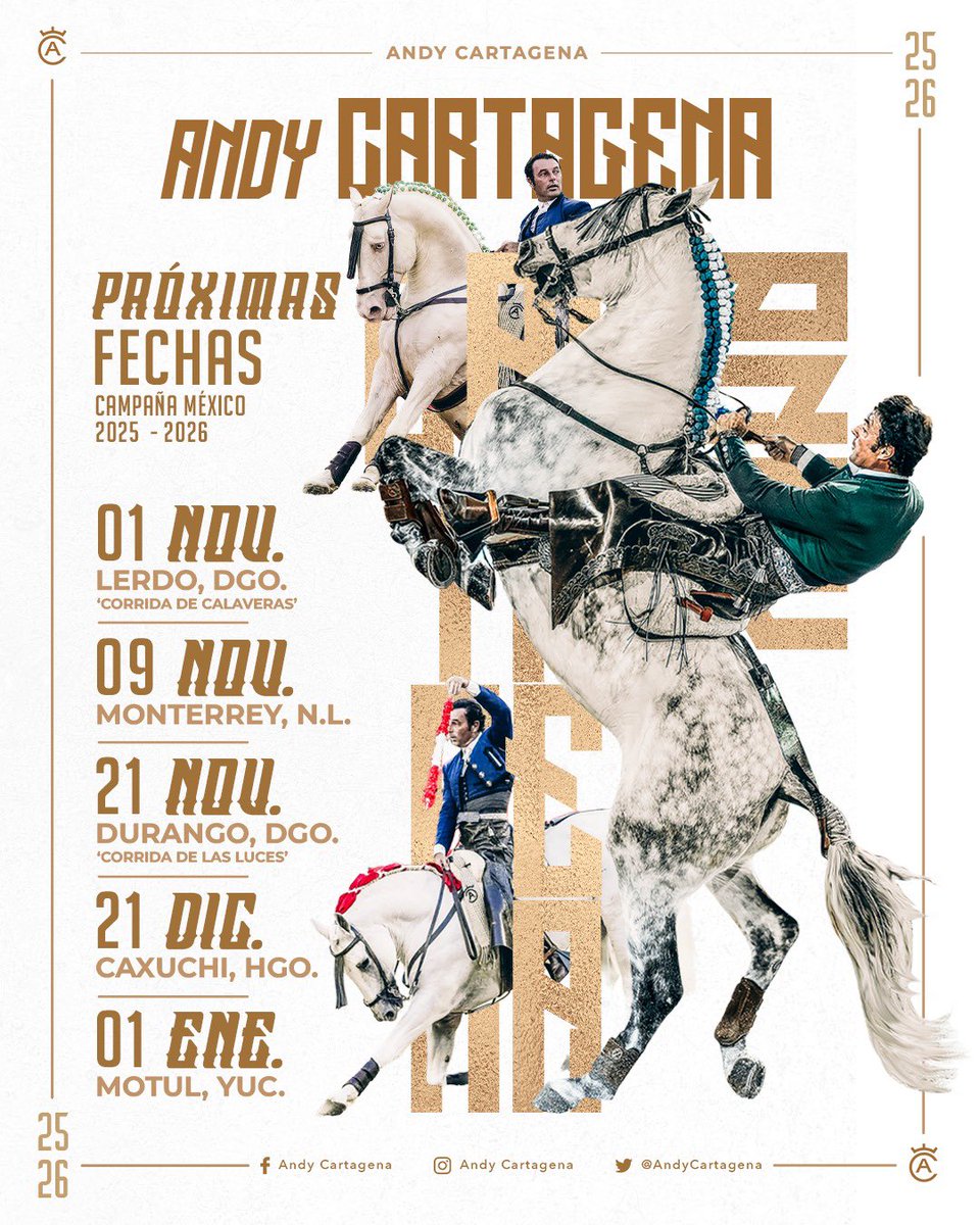 Mañana arranca la Campaña 2025 - 2026 en México de Andy Cartagena 🤩🇲🇽

El primer compromiso es en Lerdo, Durango donde será una Corrida de Calaveras 💀