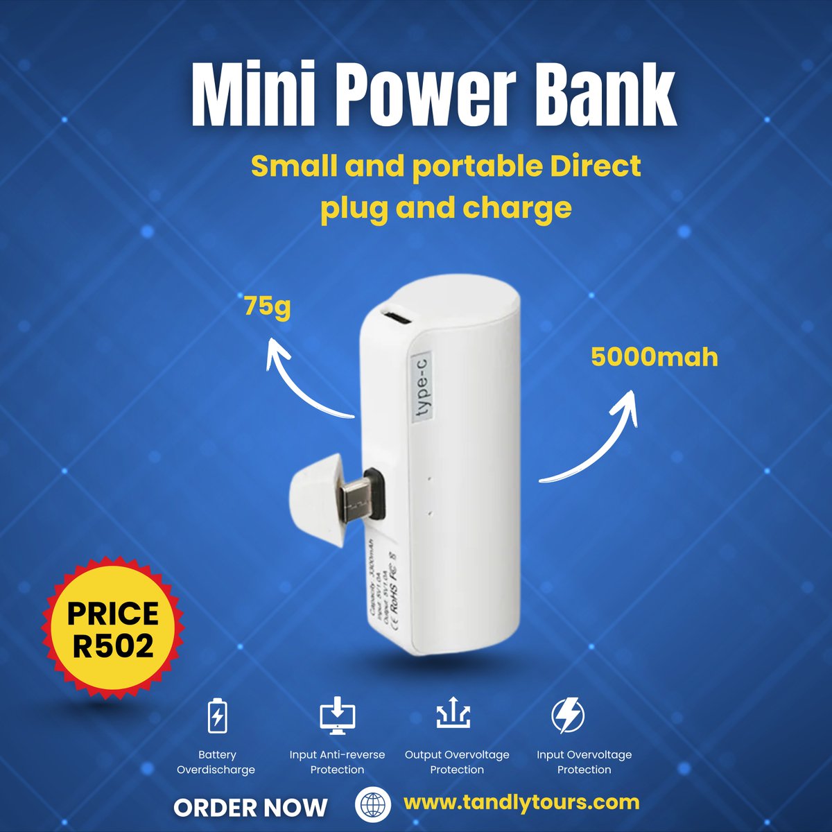 Tandlytours's tweet image. 🔋 Stay powered anywhere!
Meet the Mini Power Bank 5000mAh ⚡ — compact, fast, and safe for all your devices 📱💼
💡 Lightweight (75g) | Direct Plug &amp;amp; Charge | Type-C 🔌
💰 R502 — grab yours today 👉 tandlytours.com
#MiniPowerBank #PortableCharger #PowerOnTheGo #FastCharg