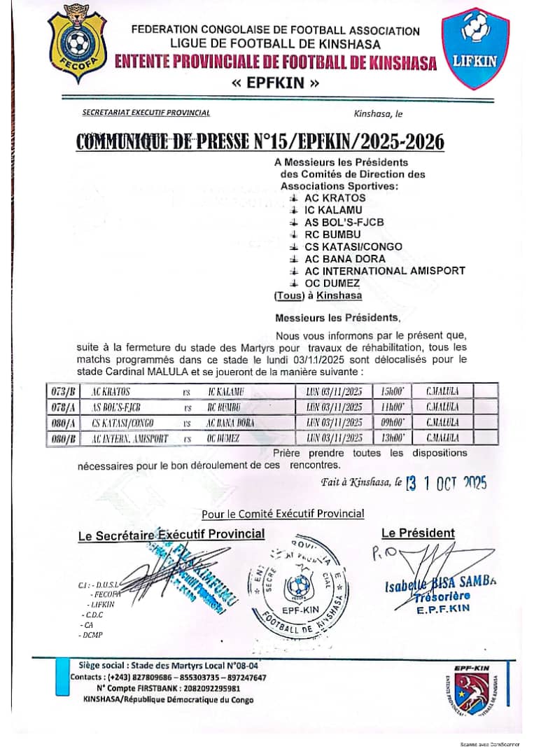 COMMUNIQUÉ DE PRESSE 

Délocalisation des 4 rencontres au Stade Cardinal Malula.