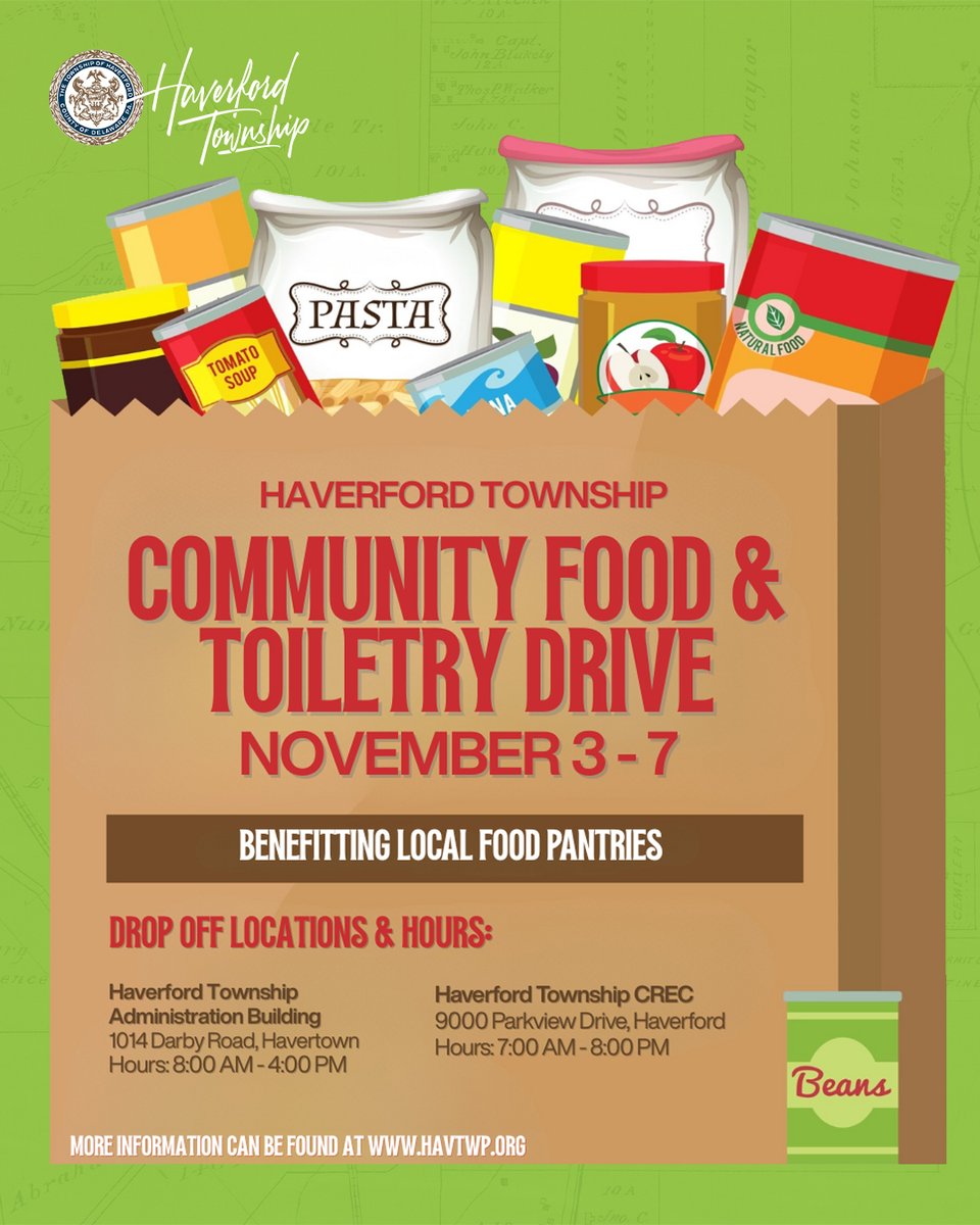 Haverford Township is hosting a week-long food collection drive from Nov 3-7.

Residents are encouraged to drop off items at the Township Building (1014 Darby Rd) or the CREC (9000 Parkview Dr).

Full info and a list of common donation items can be found @ havtwp.org/newspaper/HTNP…