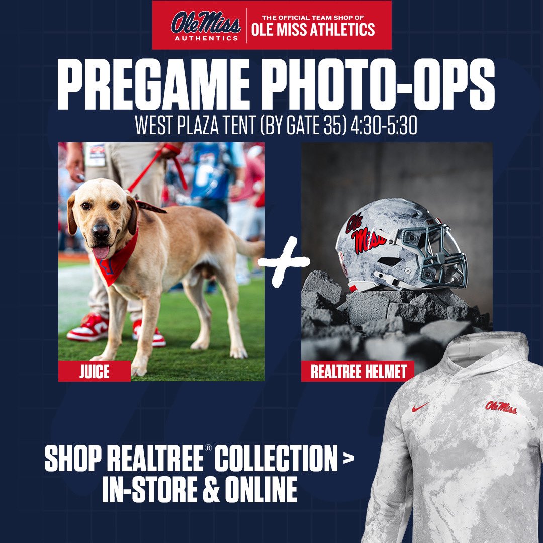 OMAuthentics's tweet image. Get your 📸 with @JuiceKiffin and grab the new @Realtree gear pregame Saturday! 

The new collection is also available NOW in store on Jackson Ave or by clicking below! 

🔗 rebs.us/47hhaCj