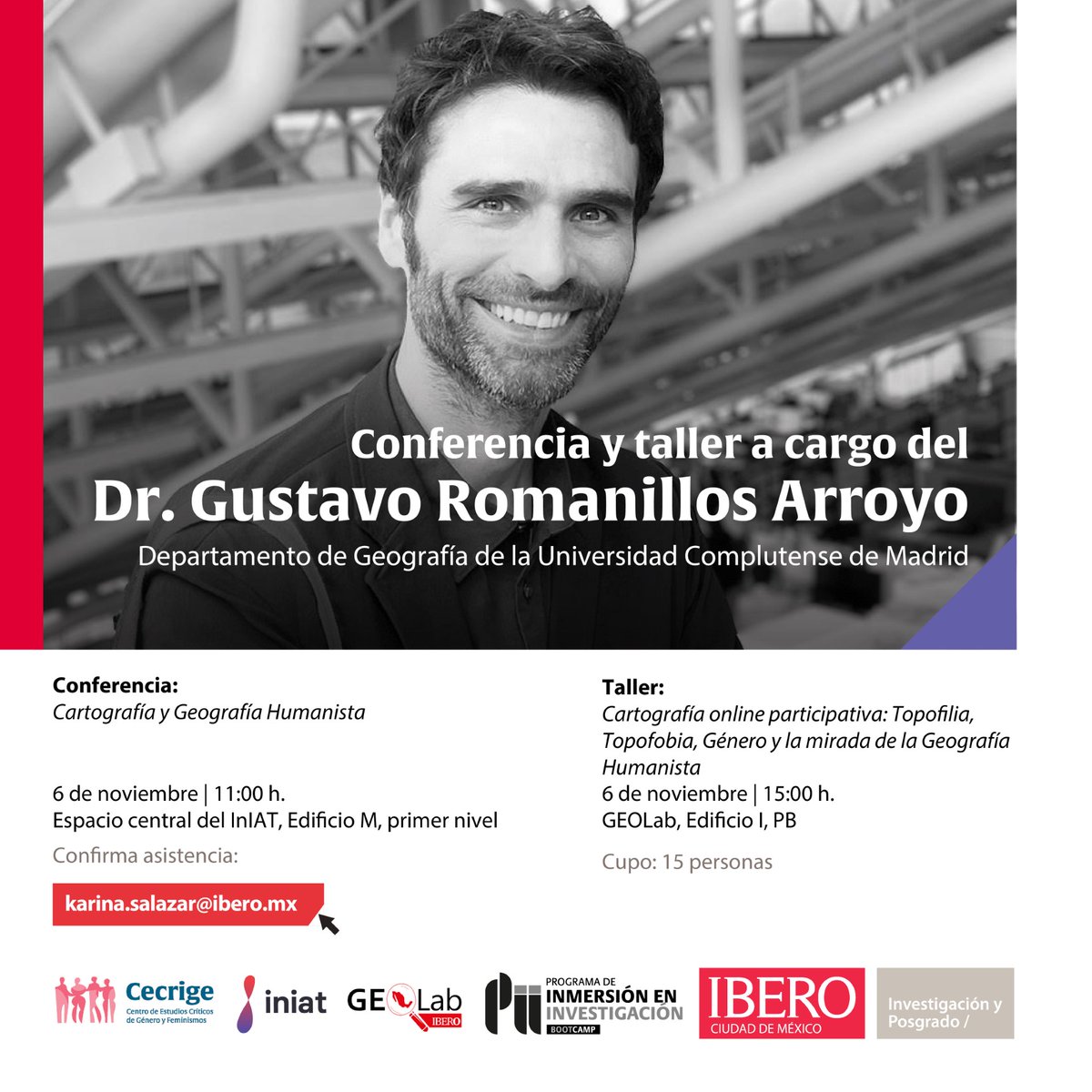 #AgendaIBERO | Te invitamos a la conferencia 'Cartografía y geografía humanista' y al taller 'Cartografía online participativa' que impartirá el Dr. Gustavo Romanillos Arroyo de la <a href="/unicomplutense/">Complutense</a> 
¡Les esperamos!