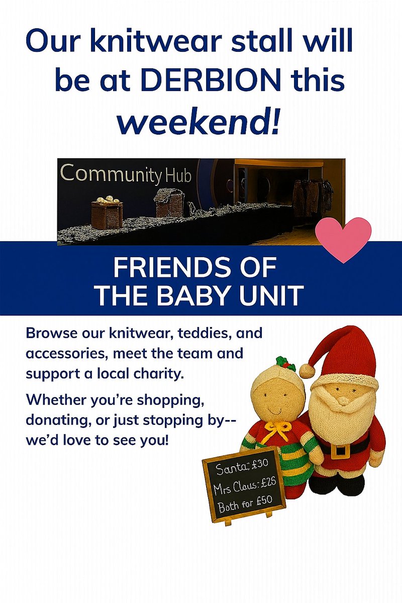 FOBU_Derby's tweet photo. 🎄 We’re at DERBION this weekend!
 🧶Sat 09:30–18:00
 🧶Sun 10:30–14:30
Find us at the Community Hub (opposite M&amp;S) for cosy knits, festive gifts &amp; friendly faces 💙💗
Pop by — we’d love to see you! #FOBU #Derbion #NICUsupport #ChristmasKnits #LocalCharity https://t.co/cS7413KHNX