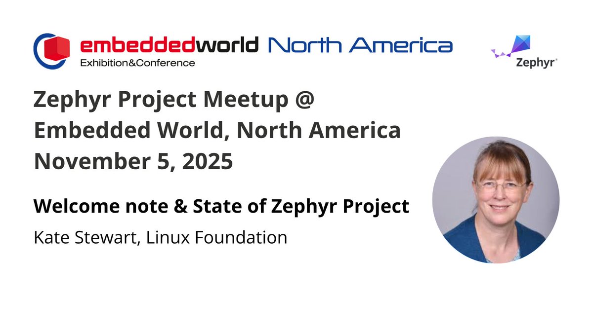ZephyrIoT's tweet image. ✨ Don’t miss @_kate_stewart's State of the Zephyr Project talk at the Zephyr Project Meetup.
Get the latest on community growth, features & what’s next for #ZephyrRTOS.Learn more and register: hubs.la/Q03R87wz0
#opensource