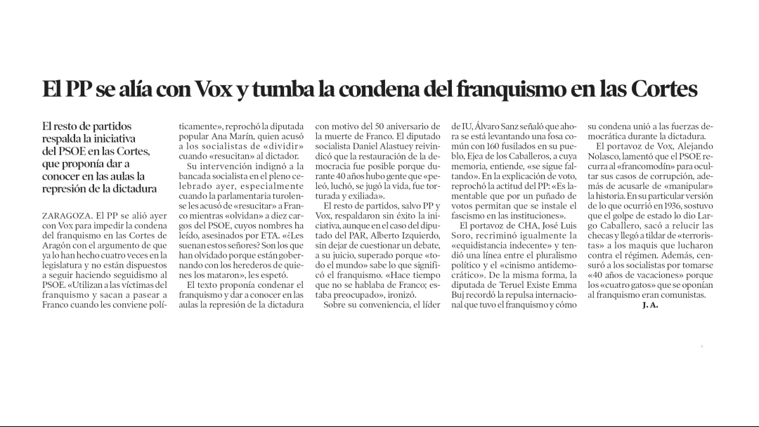 Oye, que dice Azcón que PP y VOX no son lo mismo...

Pues en lo de no condenar la dictadura de Franco, son calcados...