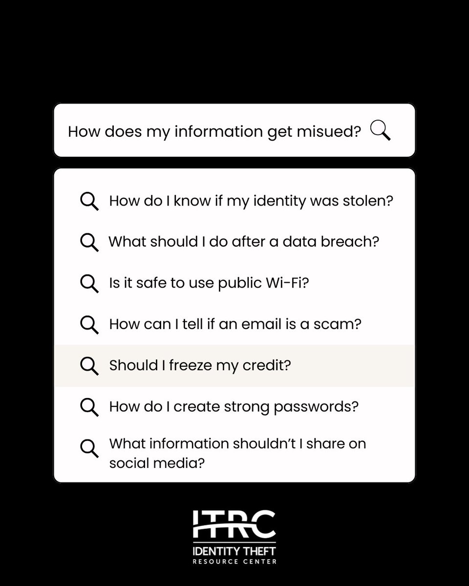 Do you find yourself searching for questions like these?  You’re not alone — millions of people look for trusted answers on identity theft, scams, and data breaches every year. Visit here for reliable information and free expert guidance: idtheft.center/3JnjEFX