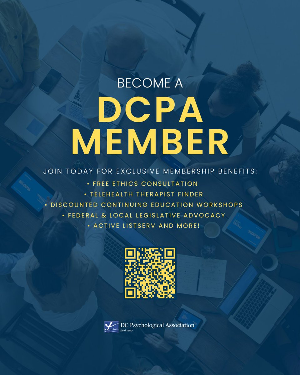 DCPsychAssoc's tweet image. Are you passionate about DCPA? Help us grow by inviting your colleagues to join! Simply scan the QR code to spread the word. 

Already part of the DCPA community? We&apos;d love to hear your story! Email us at admin@dcpsychology.org and share why you became a member.