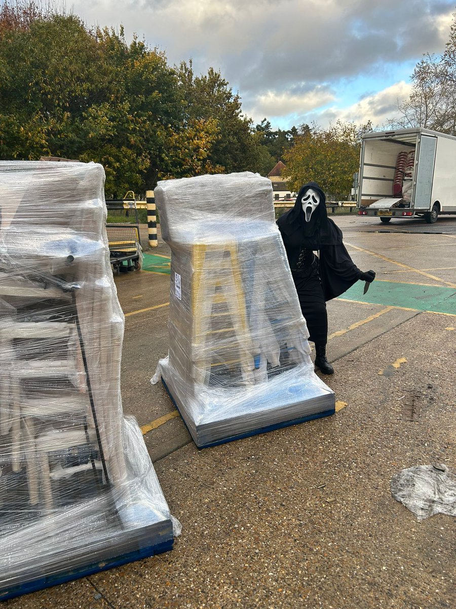 STAC_Ltd's tweet photo. Our van’s loaded, our pallets are stocked, and the screams are optional. Happy Halloween from the STAC team! 🎃🪑🚚 

----

#StrictlyTablesAndChairs
#STAC
#EventFurniture
#EventLife
#WarehouseVibes
#DeliveryDay
#VanLifeUK
#BehindThePallets
#Ghostface
#Scream
#ScreamMovie https://t.co/HJrnPN0rFf