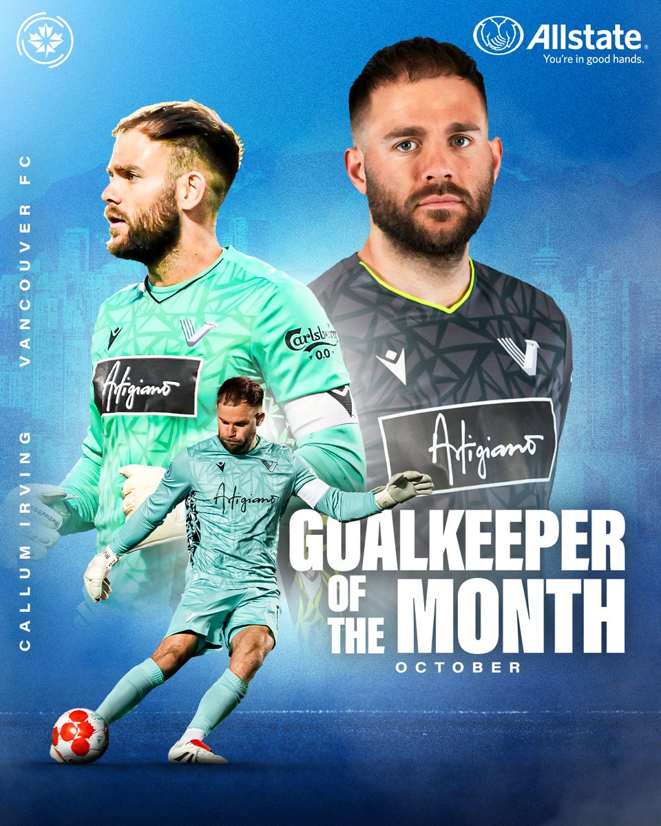 Callum Irving earns the October <a href="/AllstateCanada/">Allstate Canada</a> Goalkeeper of the Month after helping <a href="/vanfootballclub/">Vancouver FC</a> go unbeaten against the top three teams in the table 🦅

Irving also set a new #CanPL single-season saves record on the final day of the campaign 🧤