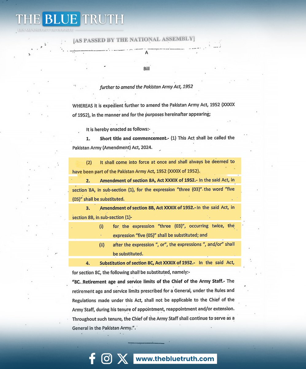 thebluetruth_'s tweet image. Stable Command, Strong Leadership. Field Marshal Asim Munir to serve till Nov 2027 — no new notification needed. 2024 amendment made 5-year tenure part of the Army Act 1952
#tbt #thebluetruth #FieldMarshalAsimMunir #StableCommand #StrongLeadership